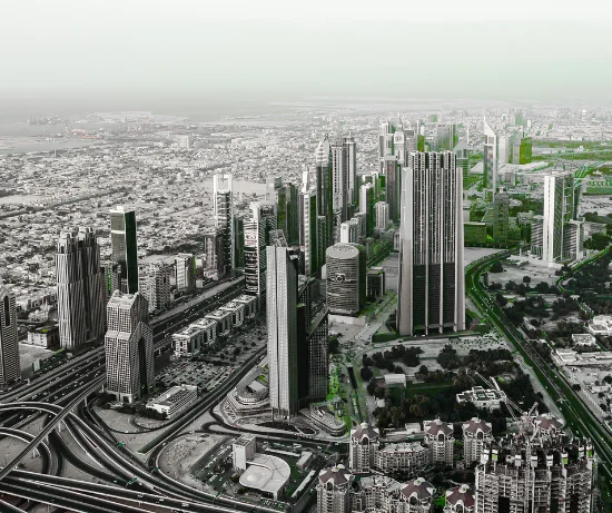 Aerial view of a dense, modern Middle Eastern city skyline featuring massive skyscrapers, complex highway interchanges, and a greenish-gray filter. This image represents the benefits of setting up a business in Abu Dhabi.