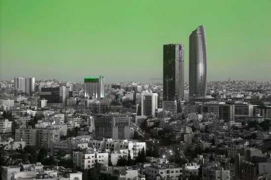 Black and white city skyline featuring two prominent modern skyscrapers, with a striking green sky overlay. This image is used to represent the Ajman Company Setup Guide or business establishment in Ajman.