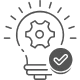 Outline icon of a bright lightbulb with a gear inside and a checkmark underneath, symbolizing a confirmed, customized solution or idea.