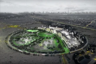 Aerial view of the large, circular Dubai International Academic City (DIAC) campus, featuring a green central park area and academic buildings. The image is mostly gray-scale, representing the education sector.