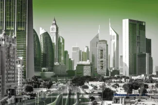 Dubai skyline featuring the distinct buildings of the Dubai International Financial Centre (DIFC), including the Gate Building clock tower and modern skyscrapers, under a bright green sky.