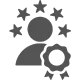 Solid gray icon of a person's silhouette surrounded by five stars and an award ribbon or certificate seal, representing expert consultants or quality service.