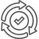 Outline icon of three arrows moving in a circular cycle, with a checkmark in the center, representing a simple, completed, or iterative process.