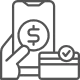 Outline icon showing a hand holding a mobile phone displaying a dollar sign, next to a credit card with a checkmark, symbolizing secure payment methods or online transactions.