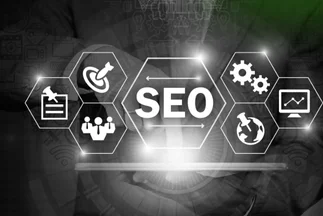 Digital marketing concept showing a glowing SEO hexagon at the center of a graphic with icons for targeting, content, data, and analytics.