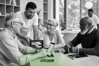 Diverse group of happy seniors learning to use digital devices like a tablet and smartphone from a younger man in a bright setting.