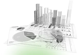 Focuses on the combination of 3D modeling and physical charts, indicating data analysis or reporting.