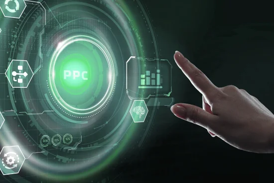 A hand interacting with a glowing, futuristic holographic interface featuring the label "PPC" in the center, surrounded by digital icons representing data, analytics, and business processes, symbolizing the benefits of PPC advertising.