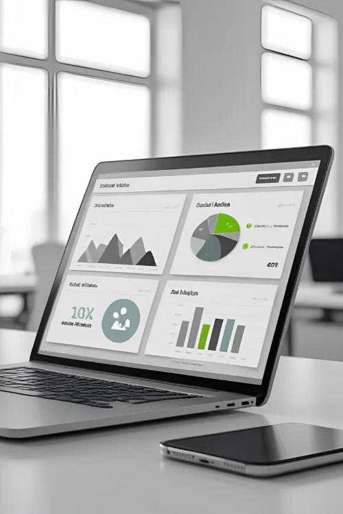 Laptop screen displaying a business analytics dashboard with various charts and statistics for social and sales performance.