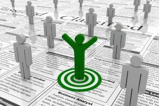 A 3D illustration of a green figure with raised arms standing in the center of a green target logo, surrounded by generic grey figures on a background of newspaper classified ads, symbolizing targeted remarketing.