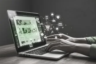 A person typing on a laptop displaying social media content, with a digital overlay of shopping and communication icons floating above the keyboard, symbolizing social media advertising and e-commerce.
