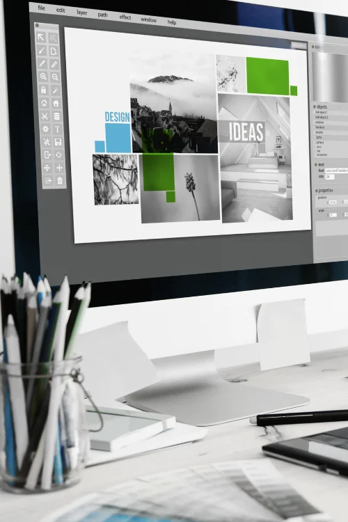 Highlights the core action (design software use) and the theme (transforming ideas into visuals).