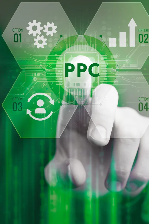 A hand interacting with a futuristic digital screen with a bright green background, pointing to a central button labeled "PPC," surrounded by icons for gears, growth charts, and customer retention options, symbolizing PPC advertising strategy.