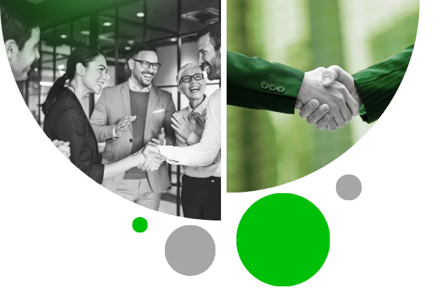A composite image showing a group of diverse professionals smiling and shaking hands on the left, and a close-up of two people in green-filtered suits shaking hands on the right, symbolizing partnership, business formation, and growth.