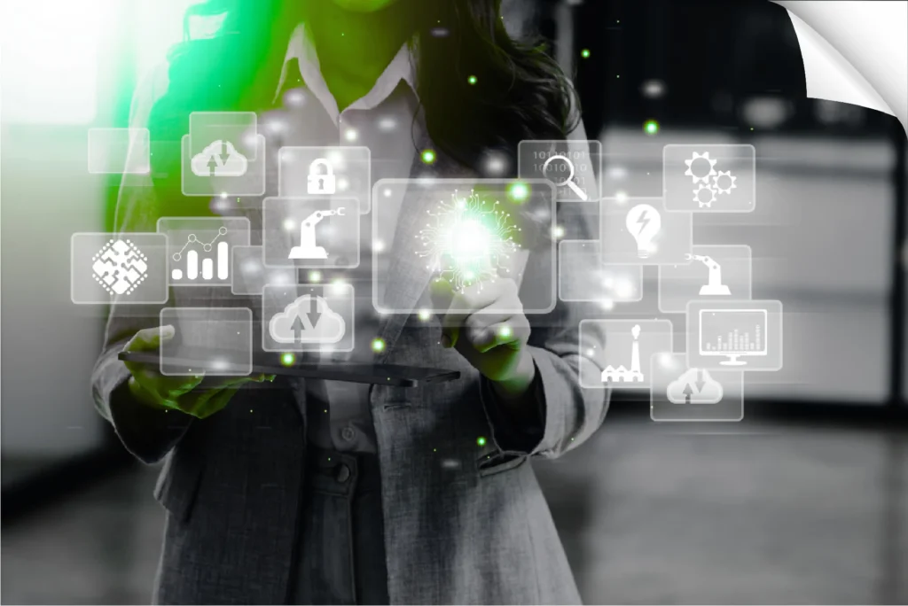 Business professional using advanced digital technology for data management, cloud computing, and automated services.