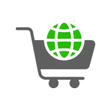 Pixel art icon of a shopping cart with a green globe inside, representing global e-commerce.