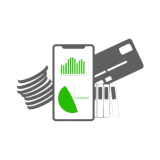 A stylized icon showing a shadowy gray squirrel or animal with its belly open, revealing two sections of a green and gray chart inside, often used to represent financial services.