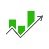 Pixel art icon showing a bar chart with a jagged green line and a grey arrow pointing upward, symbolizing financial technology (fintech) growth.