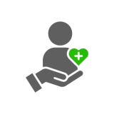Pixel art icon of a silhouette of a person's body with a small green plus sign (cross) in the bottom right corner, symbolizing health care.