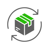 Pixel art icon of a box with green straps, surrounded by grey arrows in a circular motion, symbolizing logistics and transportation.