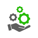 Pixel art icon showing a silhouette of a person's head/shoulders with three gears (two green, one grey) spinning above it, symbolizing strategy and management consulting.