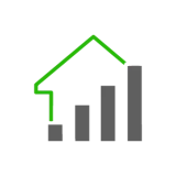 Pixel art icon of a house outline on top of a bar graph, with a green line trending upwards, representing real estate market growth.