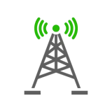 Pixel art icon of a grey cellular or broadcast tower with green radio waves emitting from the top, symbolizing telecommunications.